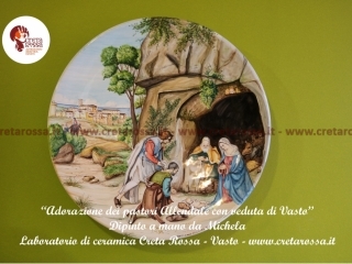 cod.art: lc15 - Piatto in ceramica da cm 35, raffigurante "Adorazione dei pastori Allendale" del Giorgione con veduta di Vasto. Ne vorresti uno simile? Invia una richiesta e riceverai il preventivo con le spese di spedizione.